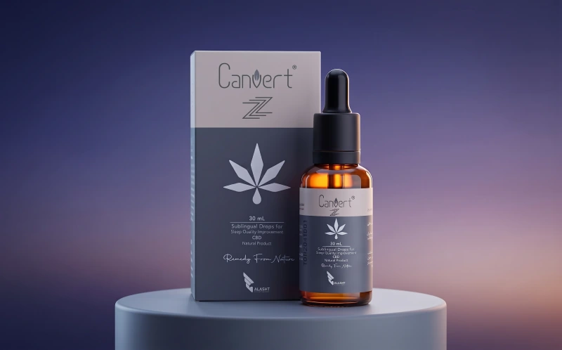Z ®بطری و جعبه قطره کنورت حاوی سی بی دی و ملاتونین روی سکوی استودیویی طوسی برای تنظیم خواب و کاهش استرس.