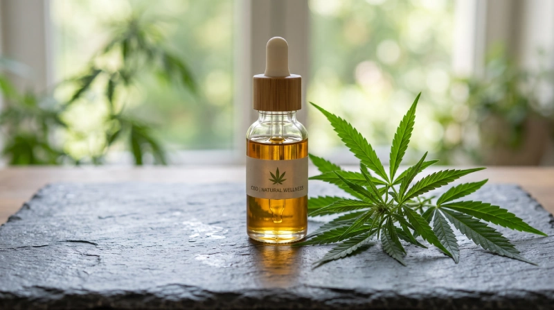 شیشه قطره‌چکان روغن طبیعی CBD در کنار برگ‌های گیاهی برای نماد آرامش، تعادل بدن و کاهش استرس