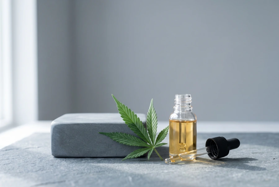قطره‌چکان شیشه‌ای روغن گیاهی و برگ سبز کانابیس روی پایه سنگی طوسی نماد خواص سی بی دی در آرامش طبیعی