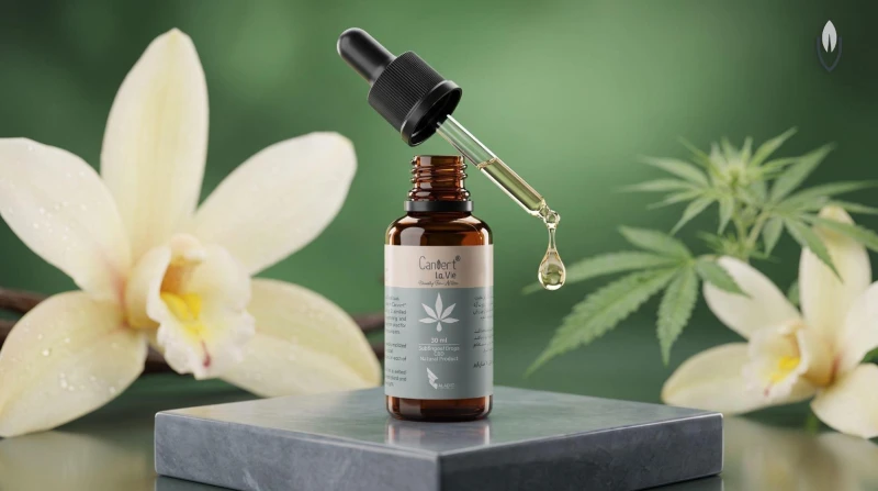 رندر استودیویی قطره زیر زبانی کنورت لا وی با فرمولاسیون روغن ام سی تی و عصاره آرام‌بخش گیاهی کانابیدیول برای کاهش تنش عصبی